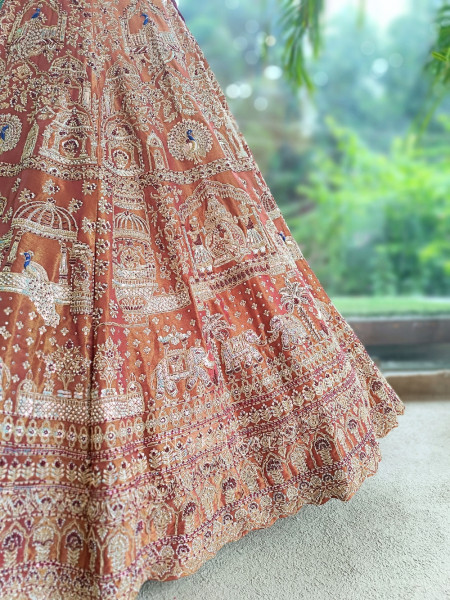 Bhavika Antique Brown Raw Silk Tissue Bridal Lehenga