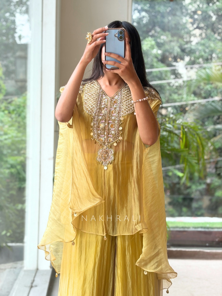 Image of Ochre Shimmer Green Tissue Co-ord Set with Coin-Fringe Embroidered Cape