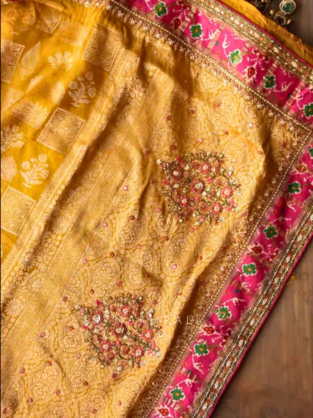 Samriddhi Mustard Saree with Embroidery & Readymade Blouse