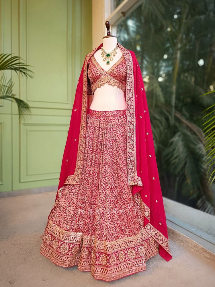Image of Rivara Red Lehenga Set with Zari and Sequin Work