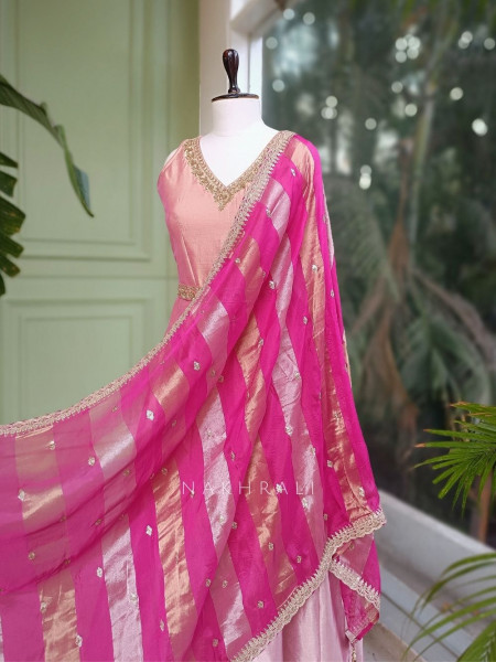 Virelle Pink Silk Anarkali Suit Set with Zari and Sequin Work