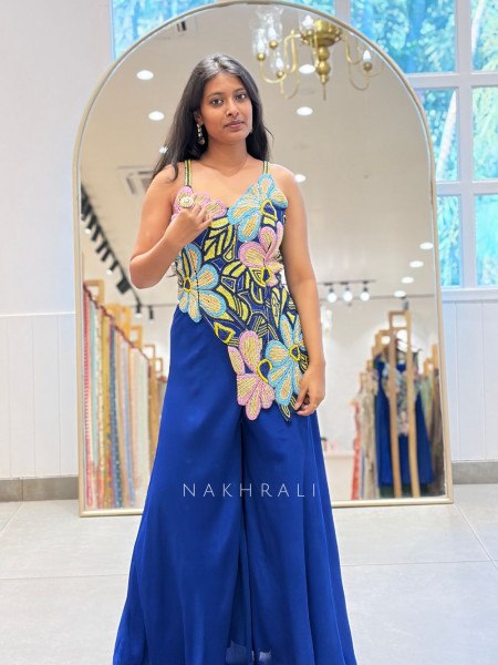 Yevira Blue Bead Embellished Crop Top Palazzo Set with Dupatta