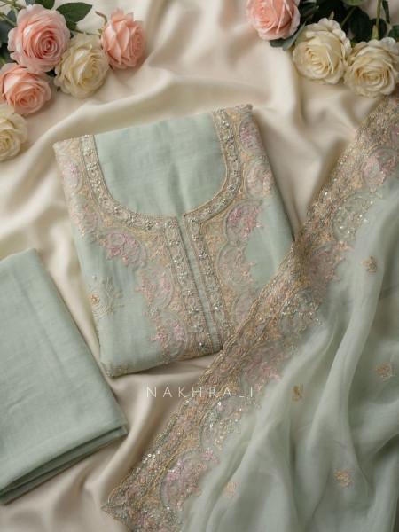 Nuvella Pista Green Floral Embroidered Dress Material with Pearl Border