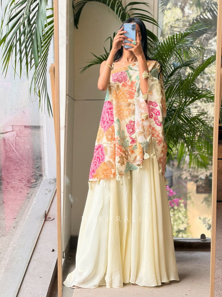 Image of Gulnaar Floral Indo-Western Co-ord Set with Zari Work