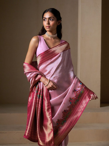Blush Grace Tissue Dola Silk Saree with Intricate Border