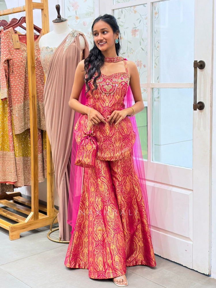 Image of Afsana Magenta Brocade Palazzo Kurta Set with Zari Bead Work