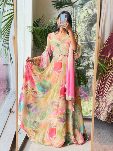 Aaravi Pastel Floral Tissue Anarkali Set with Ombre Dupatta