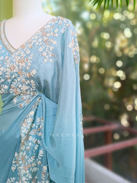 Velmira Sea Green Embroidered Saree with Heavy Thread Work and Readymade Blouse