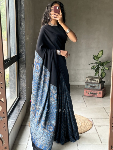 Kairav Blue Black Modal Block Print  Saree