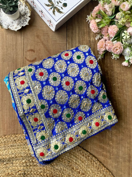 Marlowe Blue Bandhej Saree with Embroidered Border and Running Blouse Piece