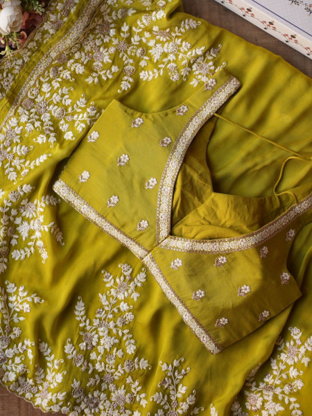 Velmira Green Parrot Embroidered Saree with Heavy Thread Work and Readymade Blouse