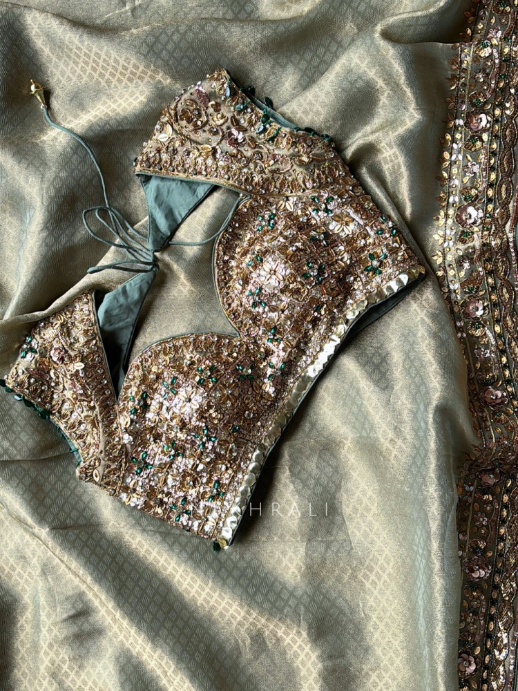 Image of Lustre Trellis Sage Green Tissue Silk Saree with Readymade Blouse