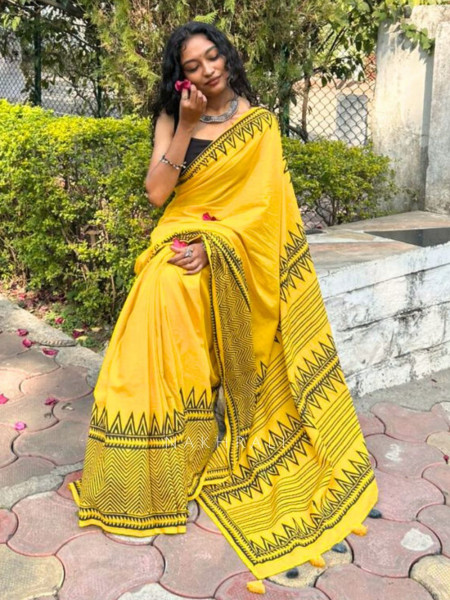 Vanika Yellow Cotton Handblock Saree