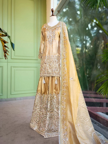 Suhasini Gold Kurta Palazzo Set with Zari Stone Work