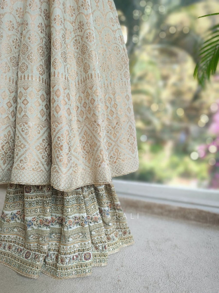 Nazakat Ivory Woven Fabric Suit Set with Stone Work