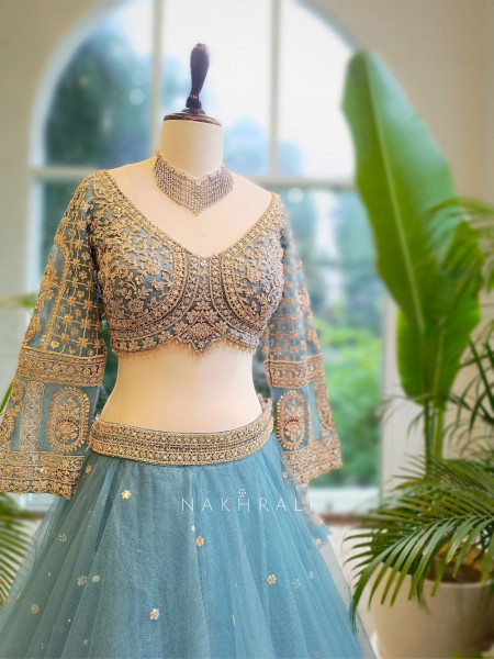 Celeste Blue Net Lehenga with Zari & Sequin Work Blouse