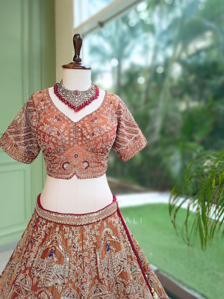Bhavika Antique Brown Raw Silk Tissue Bridal Lehenga