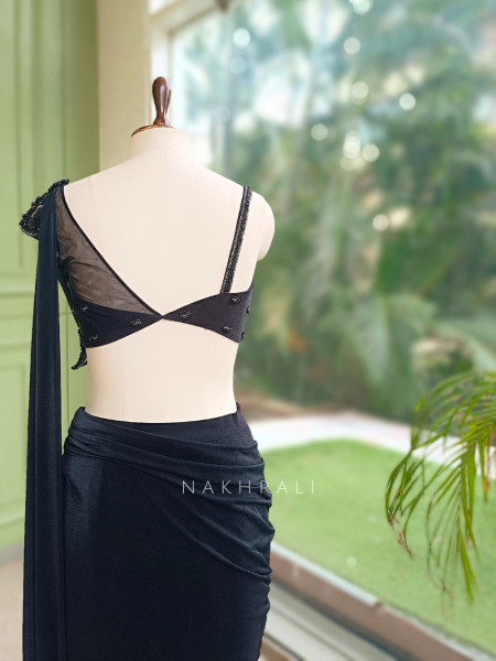 Eclipse Black Metallic Lycra Shimmer Crop Top & Draped Skirt Set