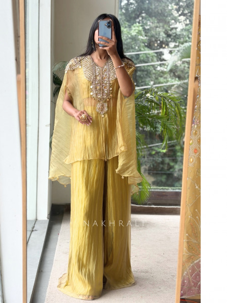 Ochre Shimmer Green Tissue Co-ord Set with Coin-Fringe Embroidered Cape