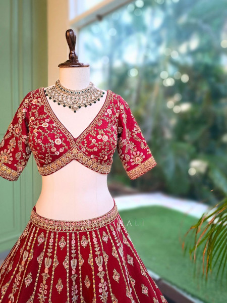 Surkh Noor Red Heritage Bridal Lehenga with Scalloped Dupatta