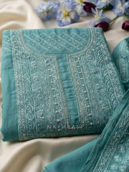 Avarna Sea green Pearl Beads Embroidered Dress Material