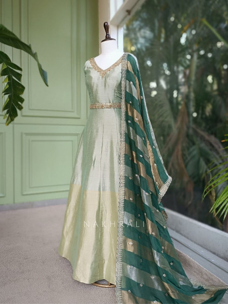 Virelle Green Silk Anarkali Suit Set with Zari and Sequin Work