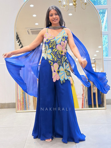 Yevira Blue Bead Embellished Crop Top Palazzo Set with Dupatta