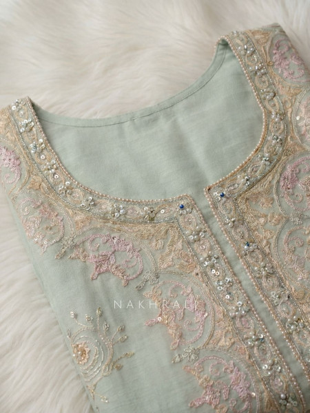 Nuvella Pista Green Floral Embroidered Dress Material with Pearl Border