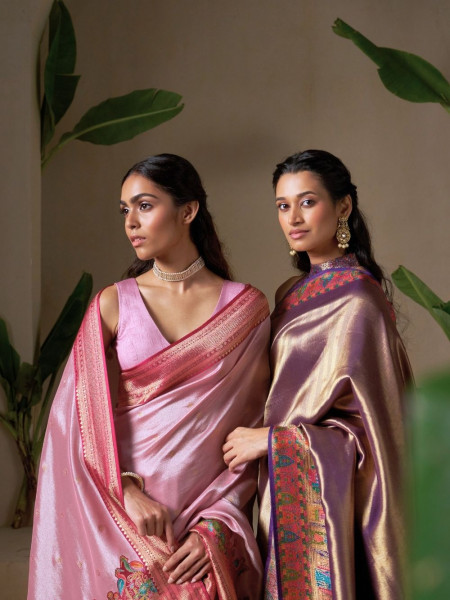 Blush Grace Tissue Dola Silk Saree with Intricate Border