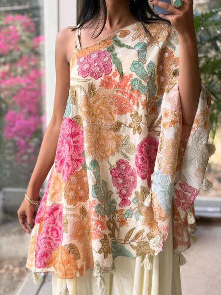 Gulnaar Floral Indo-Western Co-ord Set with Zari Work