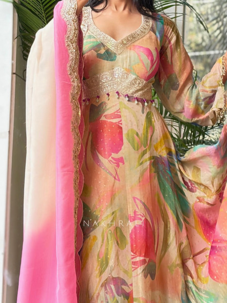 Aaravi Pastel Floral Tissue Anarkali Set with Ombre Dupatta