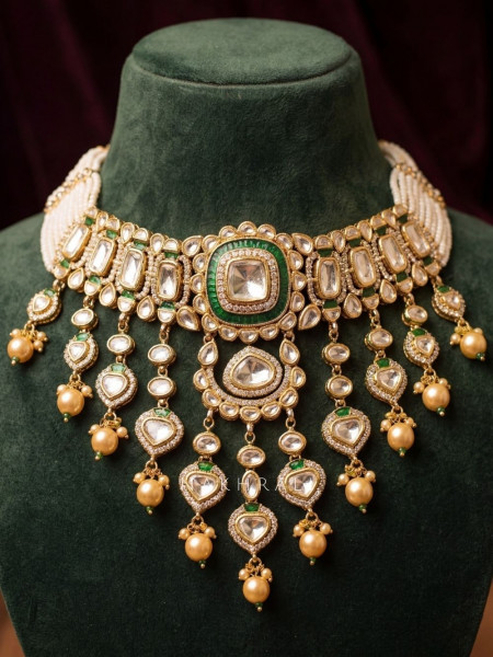 Chandrtaal  Green Kundan Necklace Set with Jhumka and Maangtika