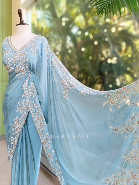 Velmira Sea Green Embroidered Saree with Heavy Thread Work and Readymade Blouse