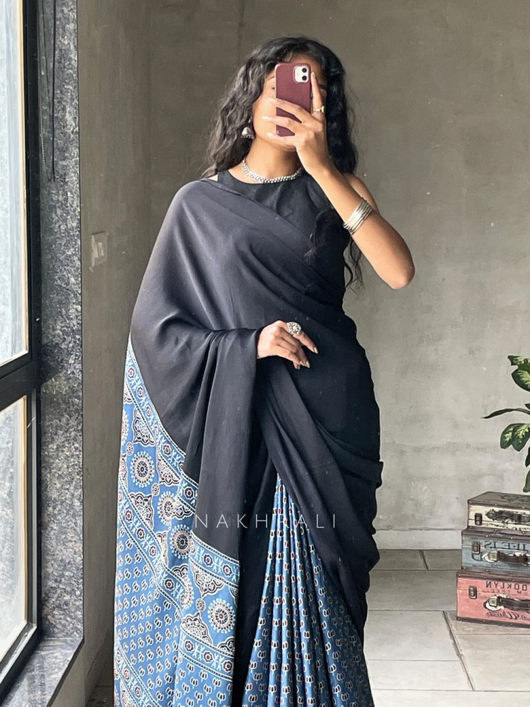 Image of Kairav Blue Black Modal Block Print  Saree