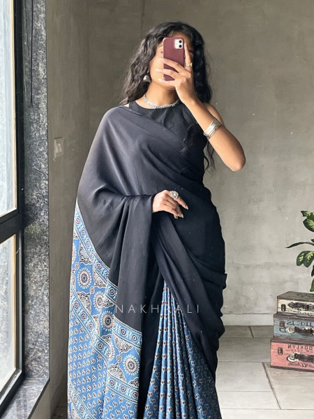 Kairav Blue Black Modal Block Print  Saree