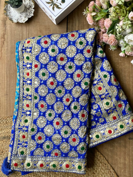 Marlowe Blue Bandhej Saree with Embroidered Border and Running Blouse Piece