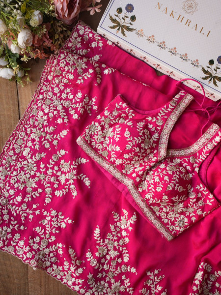 Velmira Magenta Embroidered Saree with Heavy Thread Work and Readymade Blouse