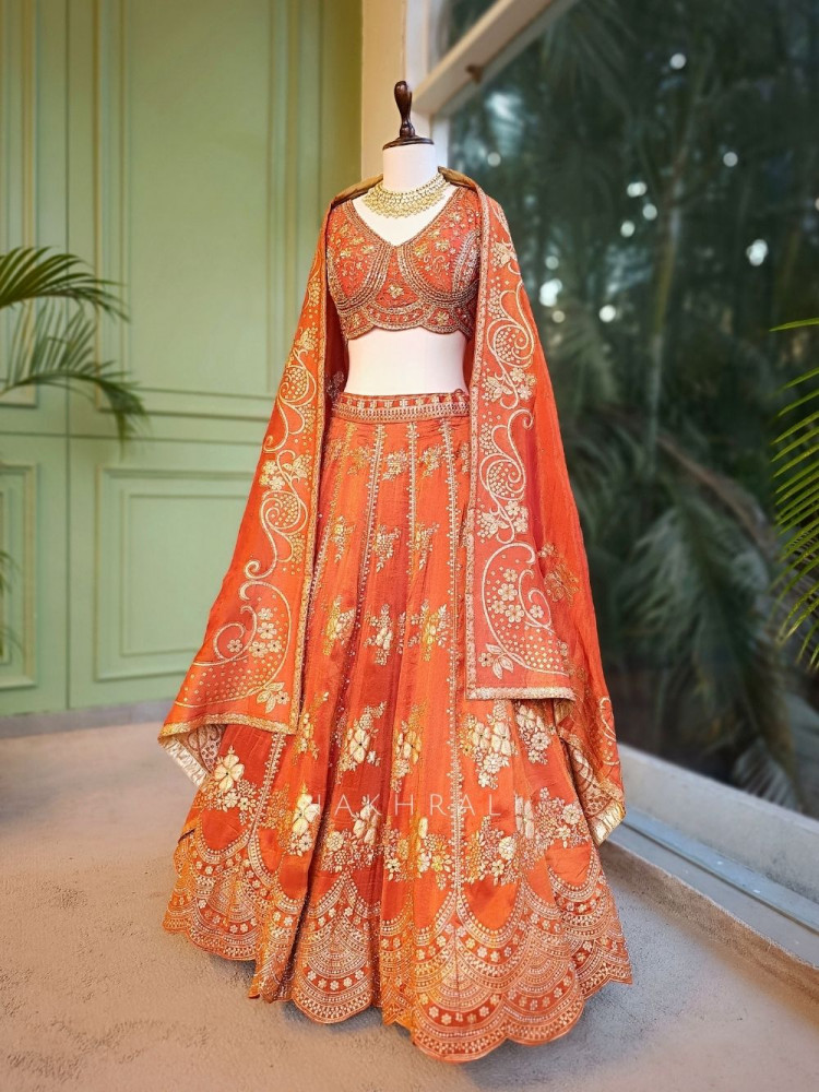 Image of Kesarika Orange Zari Lehenga with Sequin Floral Work