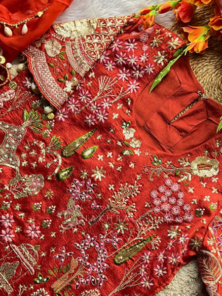 Mehrya Orange Embroidered Kurta Pant Set