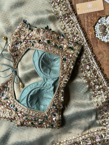 Lustre Trellis Sage Green Tissue Silk Saree with Readymade Blouse