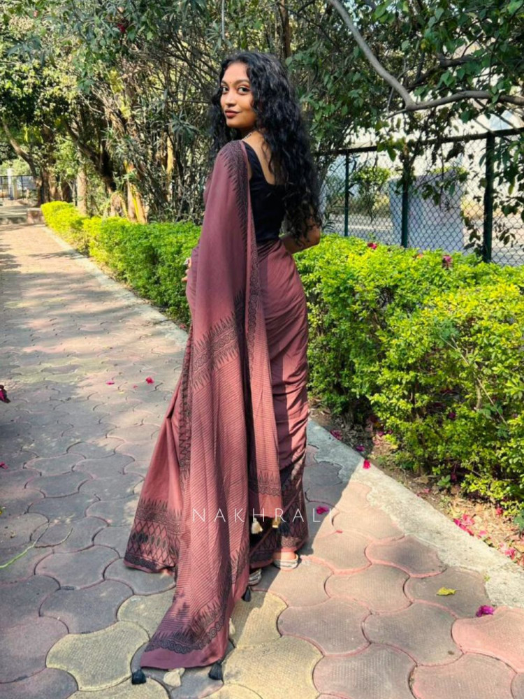 Image of Vanika Brown Cotton Handblock Saree