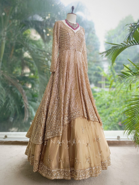 Queenshine Golden Indowestern Lehenga with Sequin and Cutdana Embellishment