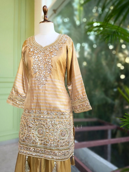 Suhasini Gold Kurta Palazzo Set with Zari Stone Work
