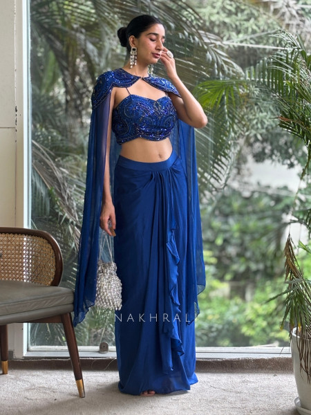 Lustre Veil Royal Blue Crop Top Skirt with Cape and Sequin Cut Dana Work