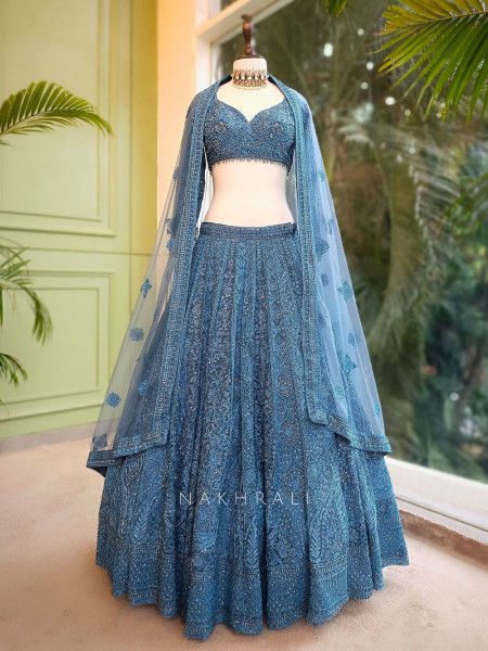 Aureva Blue Net Lehenga Set with Intricate Sequin Embroidery