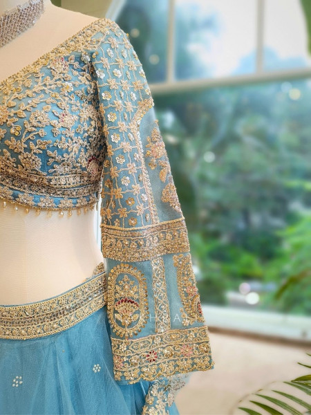 Celeste Blue Net Lehenga with Zari & Sequin Work Blouse
