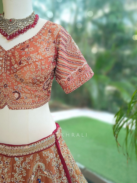 Bhavika Antique Brown Raw Silk Tissue Bridal Lehenga