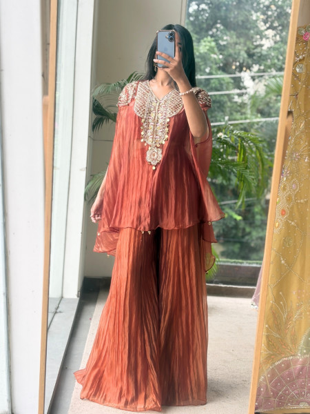 Ochre Shimmer Rust Tissue Co-ord Set with Coin-Fringe Embroidered Cape