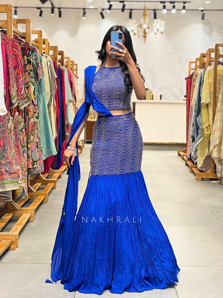 Image of Rihana Blue Mermaid Indo Western Lehenga with Bead Work