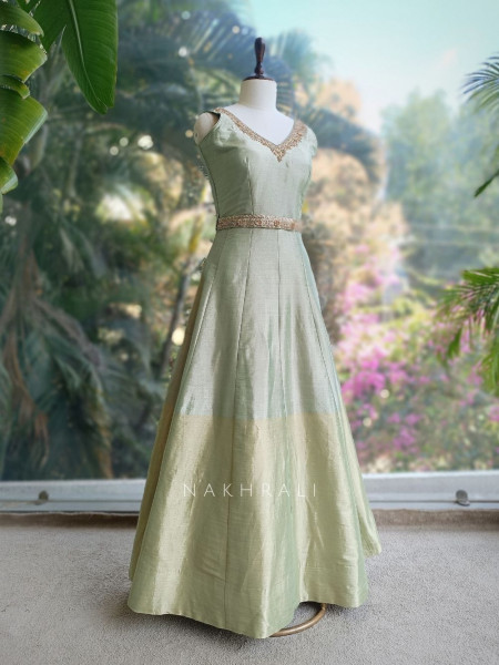 Virelle Green Silk Anarkali Suit Set with Zari and Sequin Work